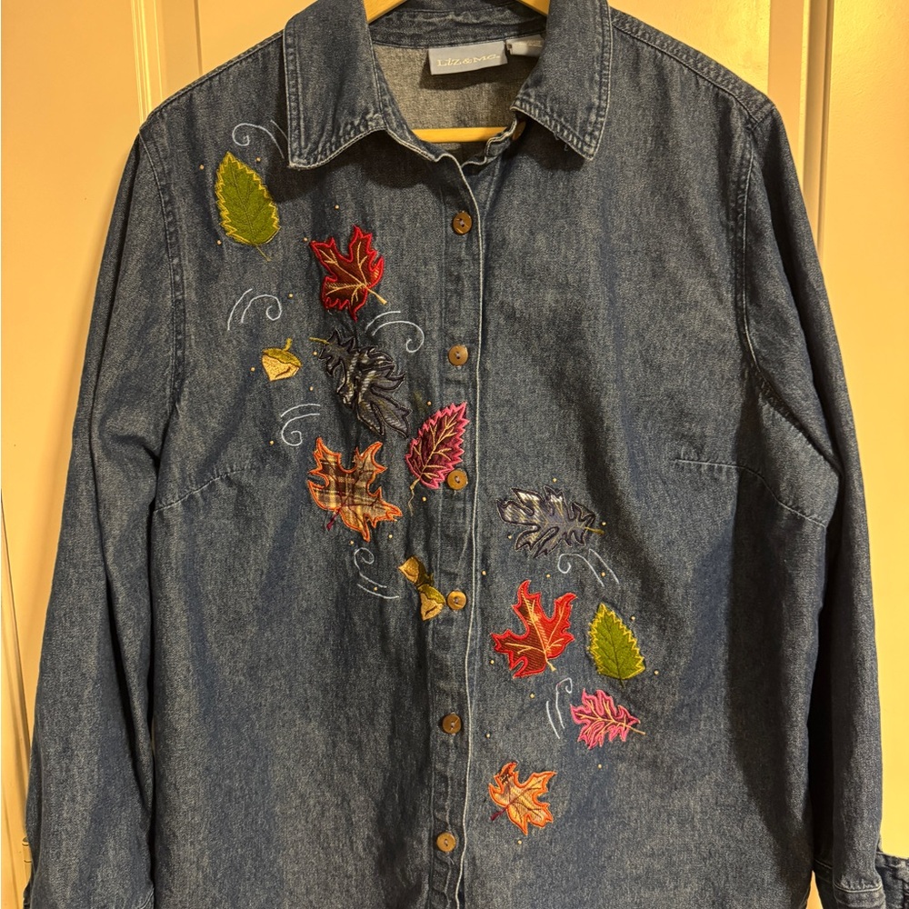 Embroidered Denim Shirt with Leaf Design